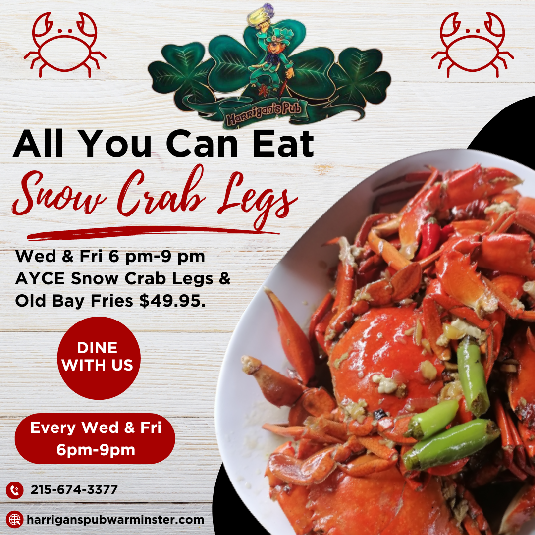 Advertisement for an all-you-can-eat snow crab legs event at harrigan's pub, featuring an image of cooked crab legs and text detailing price, time, and website.