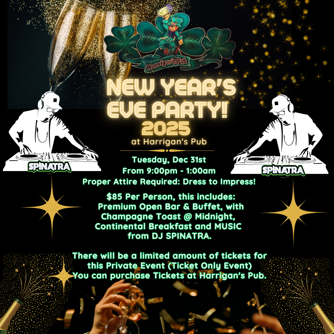 New Year's Eve Party 2025 flyer featuring DJ Spinatra, with event details, dress code, and ticket information. Green and gold theme with festive decorations.