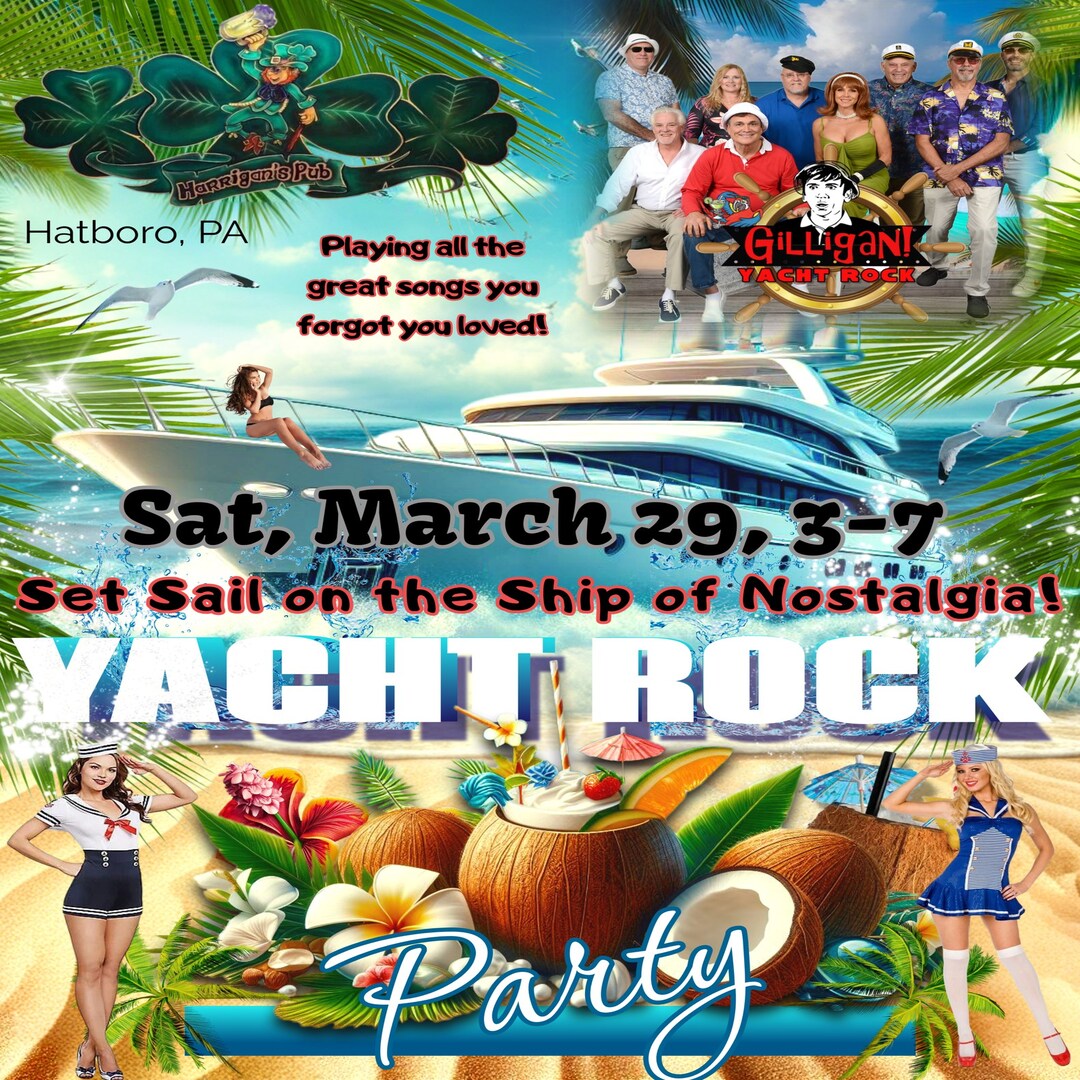 Colorful flyer for a Yacht Rock party at Crooked Eye Brewery, Hatboro, PA, on Saturday, March 29, 3-7 PM, featuring tropical imagery and event details.