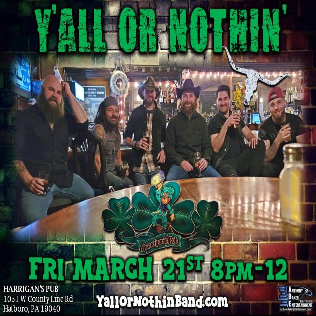 A group of six people with drinks pose in a bar setting. The text above them reads "Y'all or Nothin'." Event details are displayed below, including date, time, location, and website.