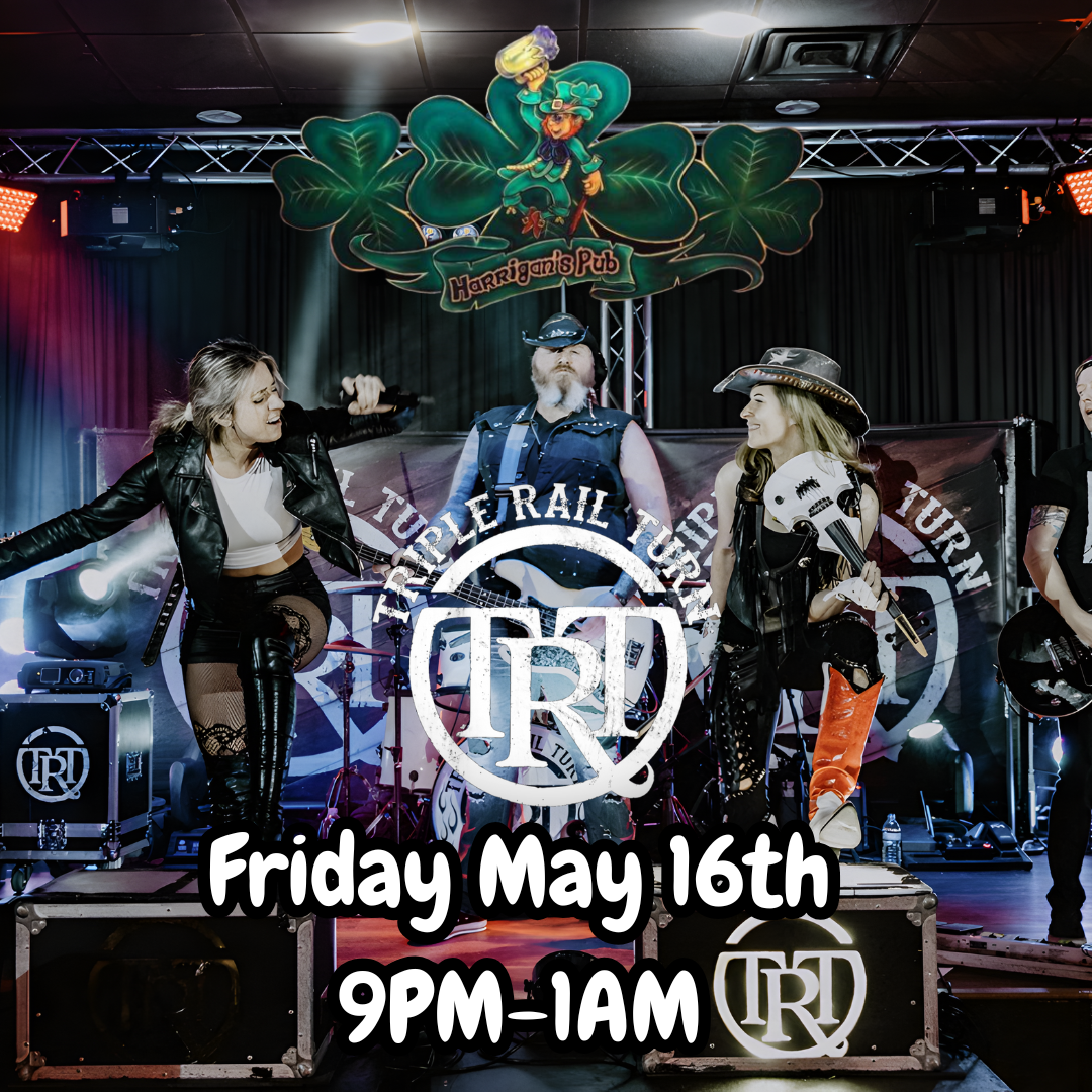 Three band members perform on stage at a bar with lights and instruments. Text reads: "Imperial Turn. Friday May 16th. 9PM-1AM." Pub sign with shamrock is visible.